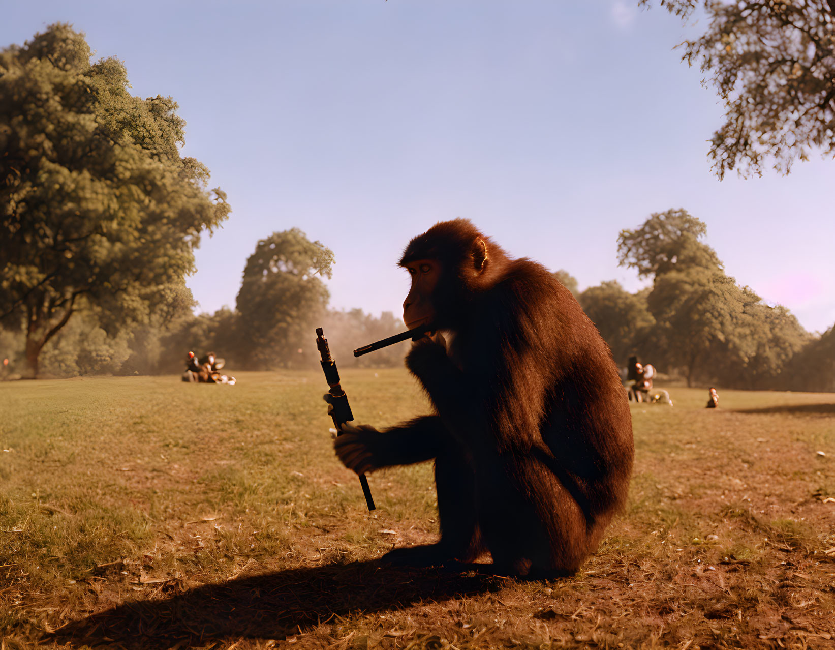 Baboon examining stick in sunlit park with blurred people