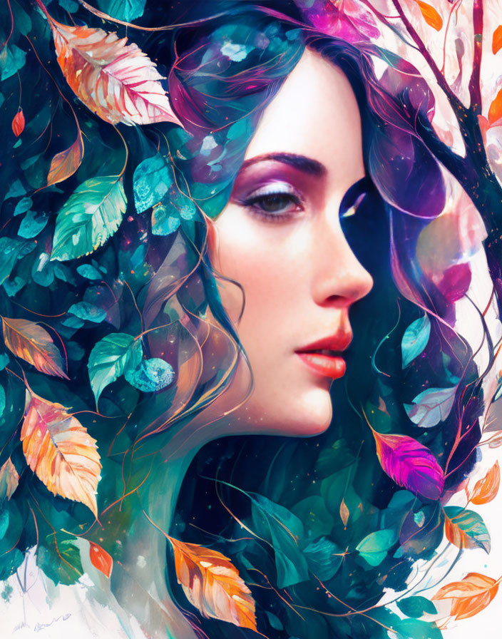 Colorful digital painting: Woman with swirling leaves in hair