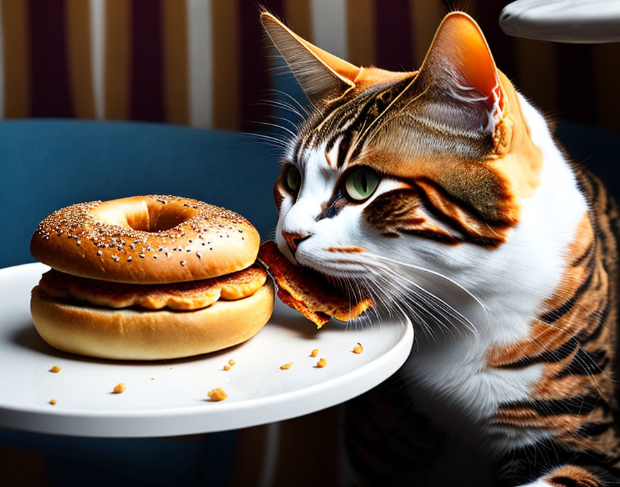 Digitally altered image: Cat with tiger coat pattern eating a sandwich with bagel and crumbs.