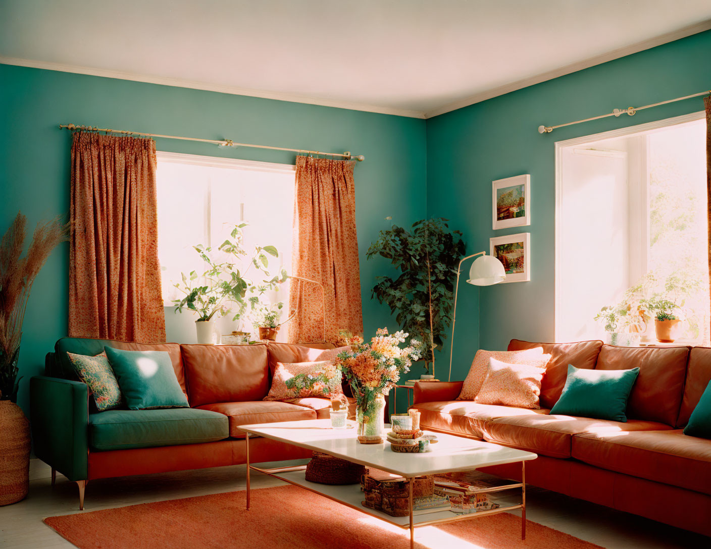 Warm Ambiance Living Room with Cognac Leather Sofa & Teal Walls