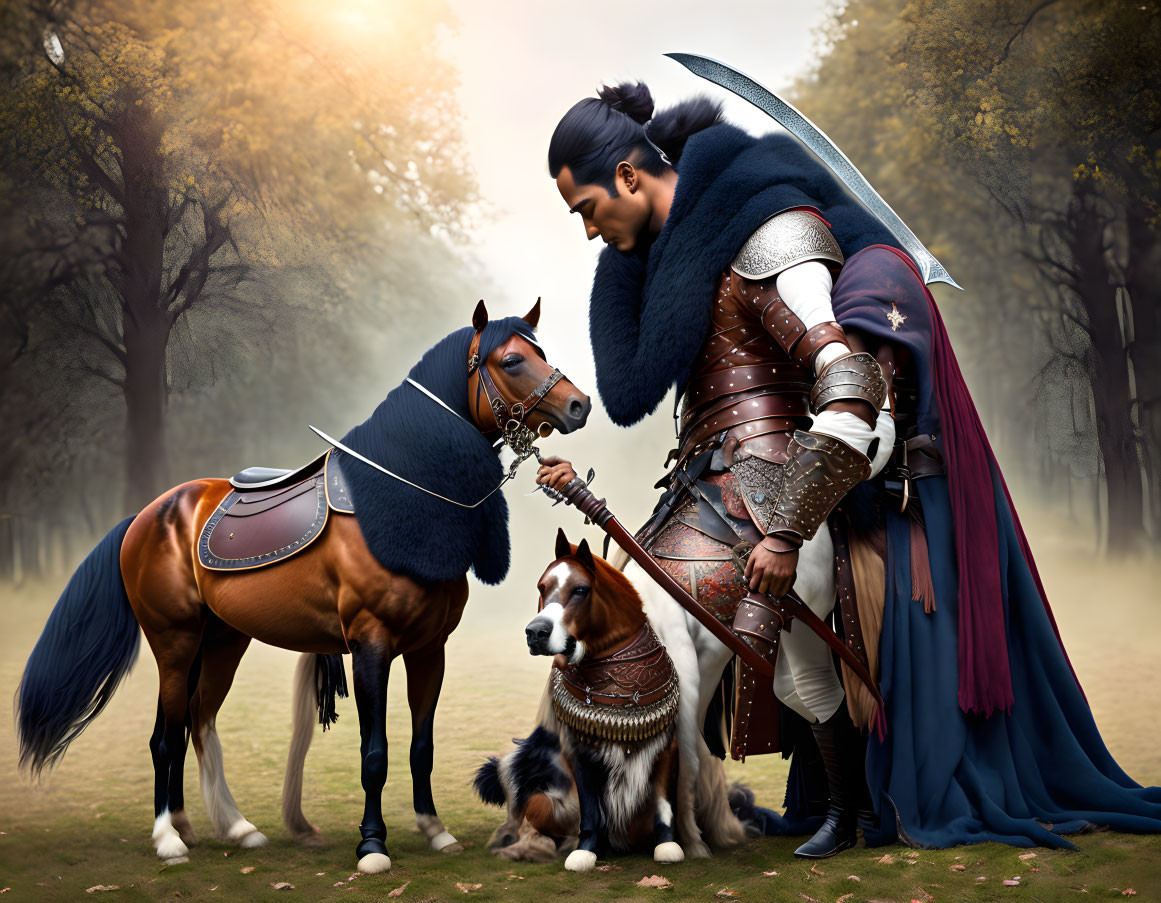 Knight in armor with horse and dog in misty forest.