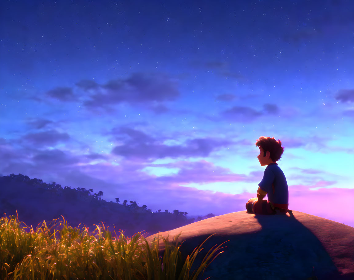 Person sitting on rock admiring starry twilight sky and hills.