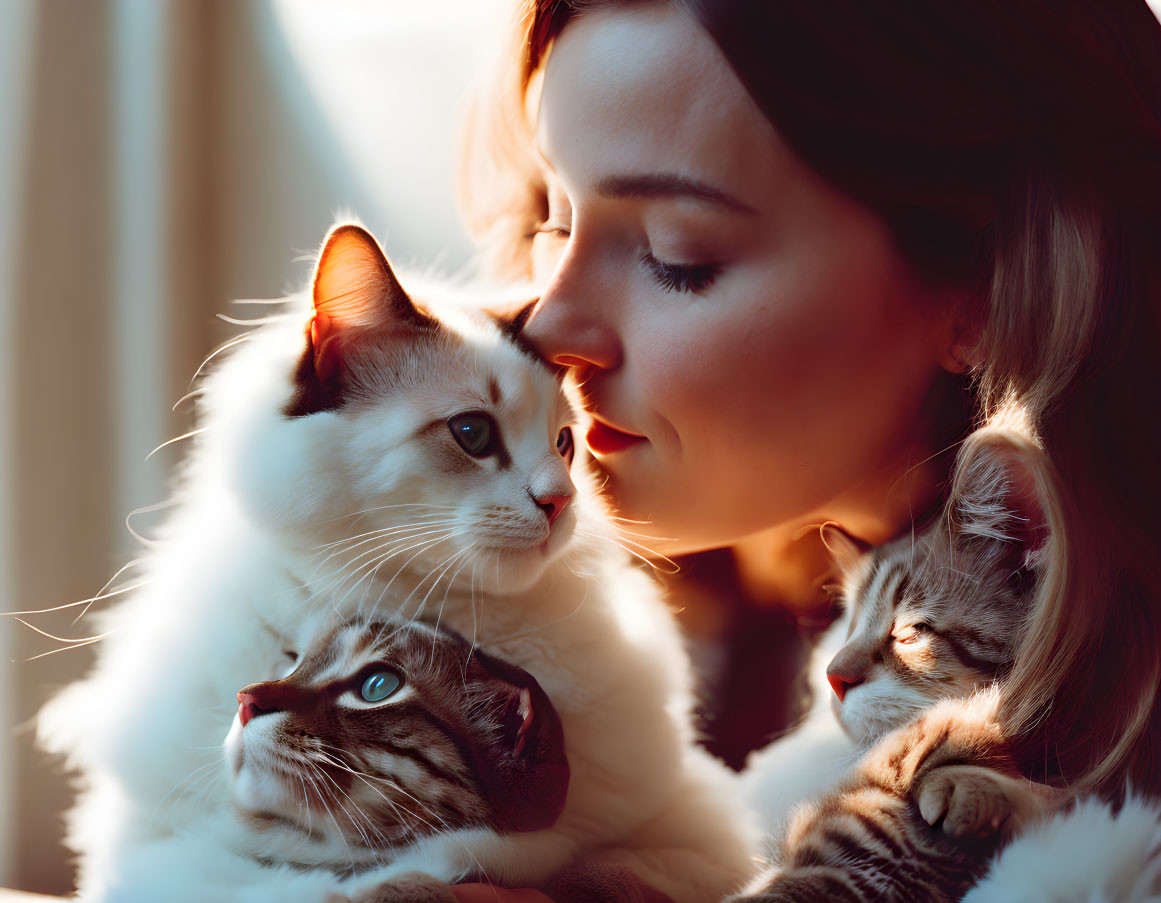 Woman cuddles two cats in sunny room