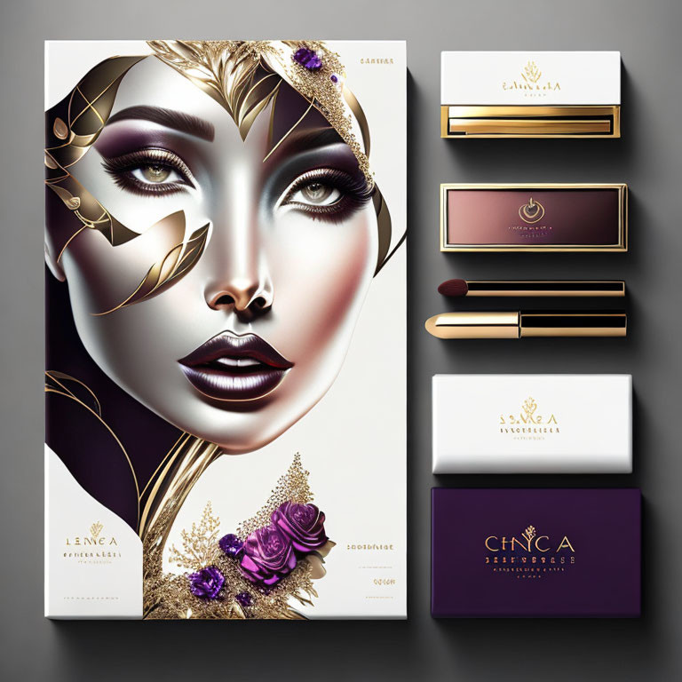 Elegant cosmetic set with stylized woman image and purple eyeshadow