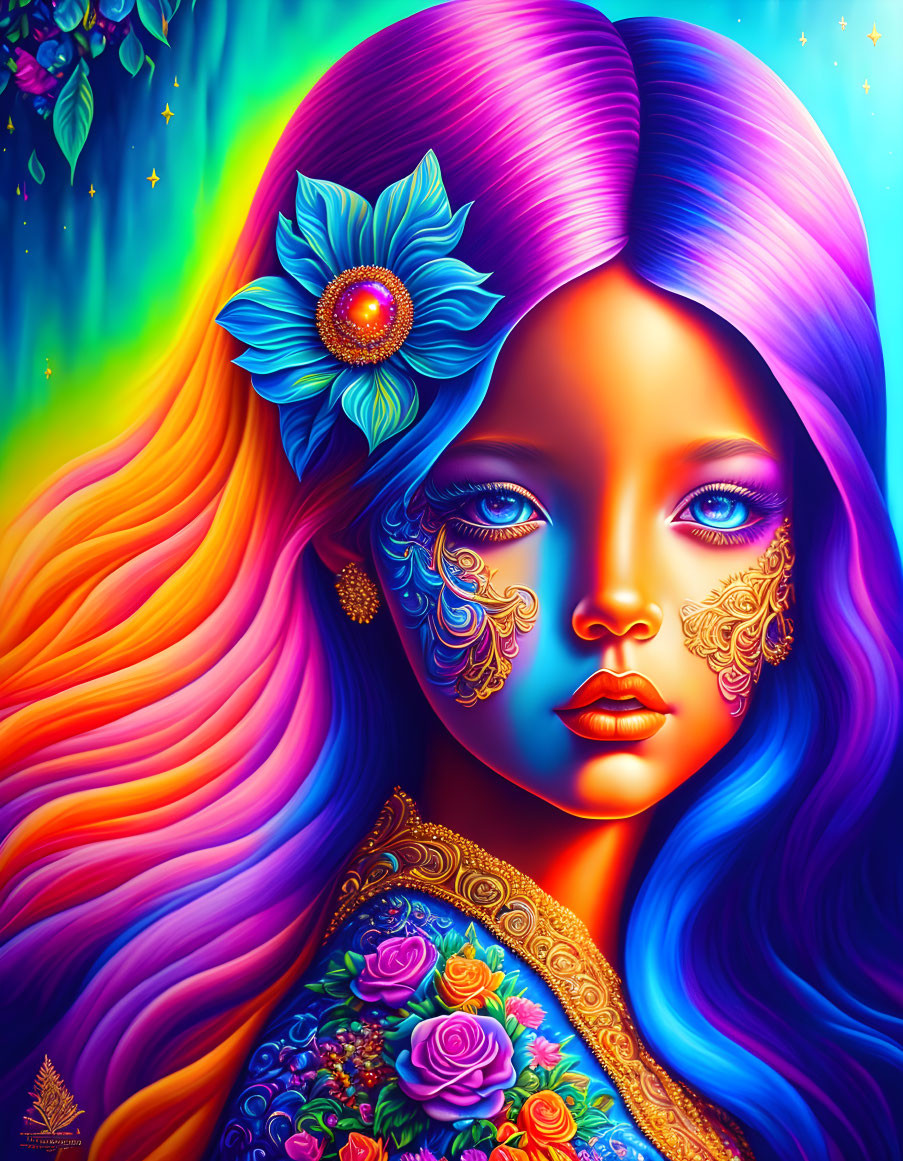 Colorful portrait of stylized woman with multicolored hair, blue skin, gold facial decorations,