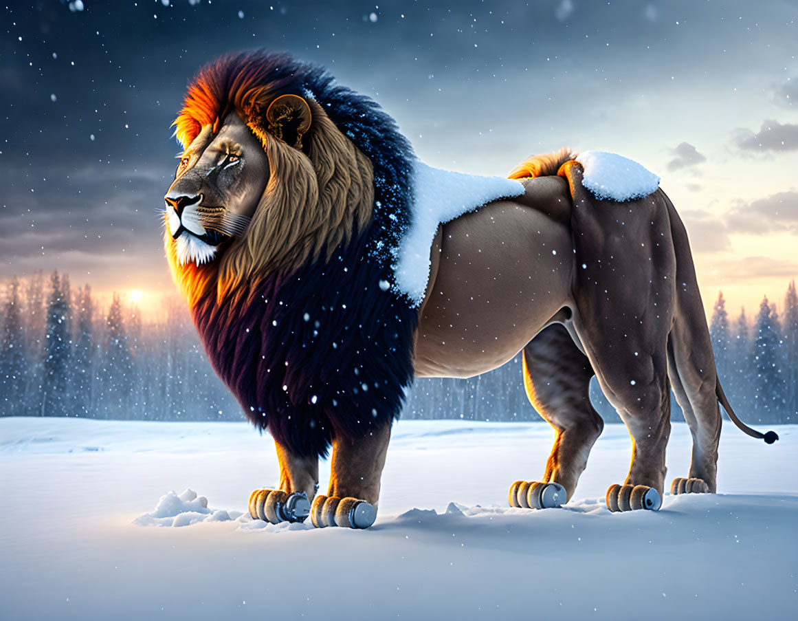 Majestic lion with vibrant mane in snowy twilight landscape