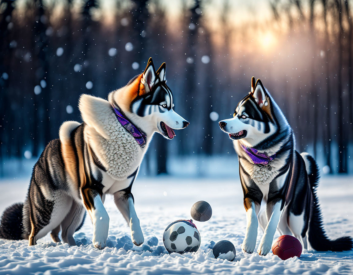 Two Siberian Huskies playing in snowy landscape with purple bandanas