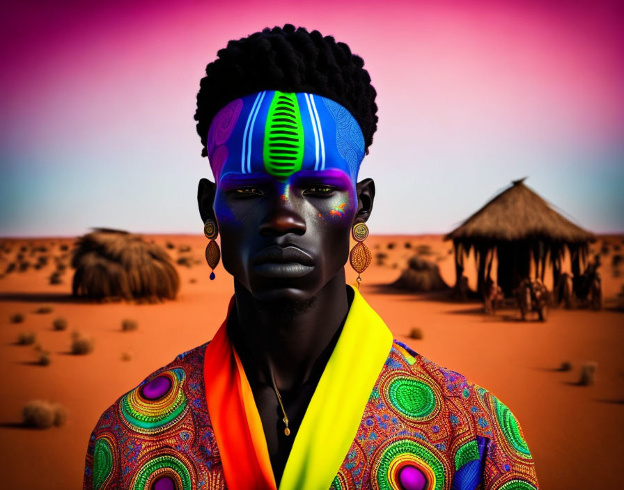 Person with vibrant blue and purple tribal face paint in desert setting