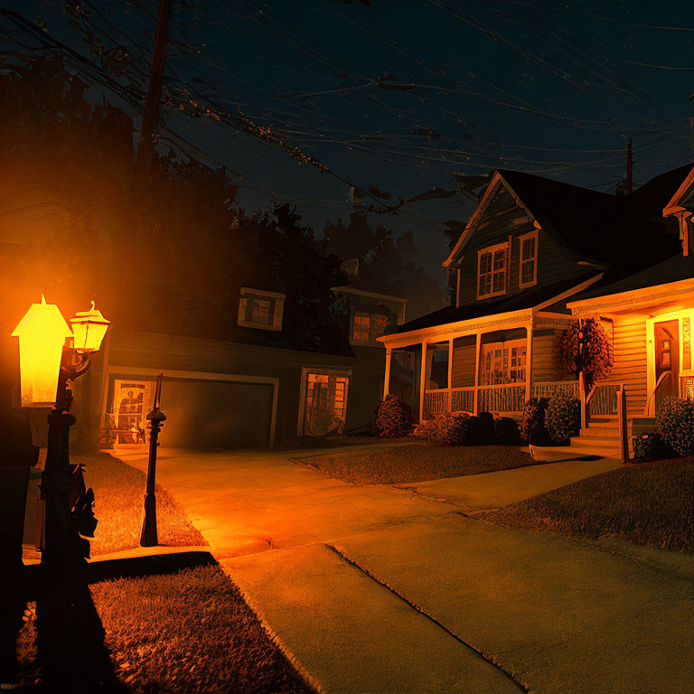 Peaceful suburban street at night with warm orange glow