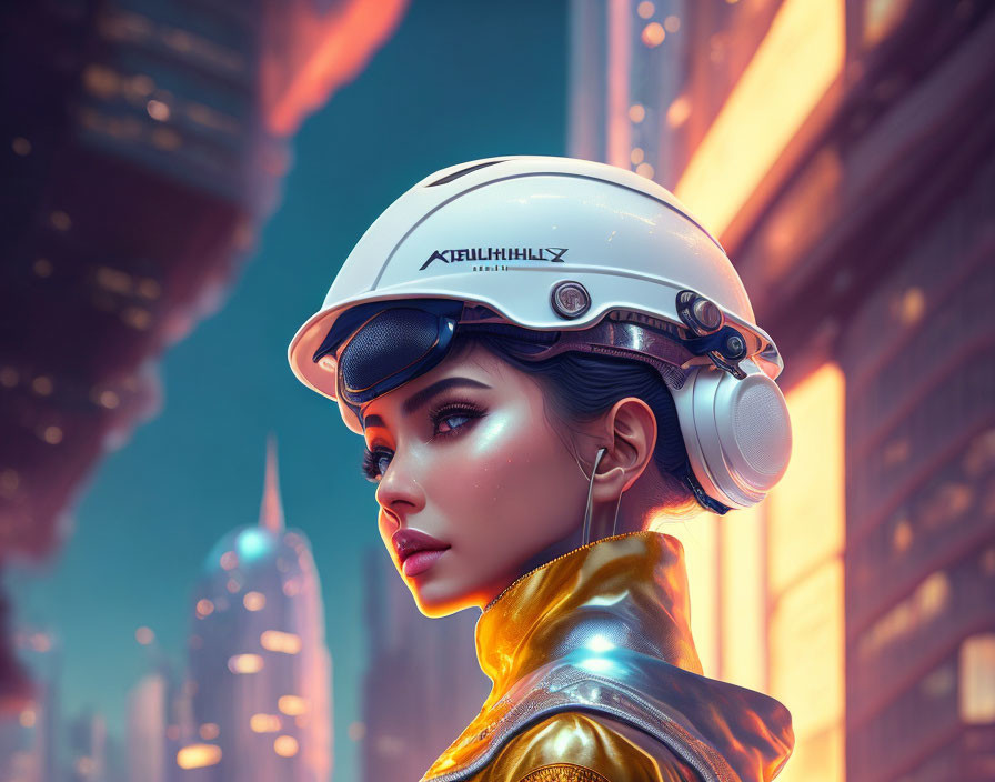 Futuristic portrait with slicked-back hair, white high-tech helmet, goggles, and golden jacket