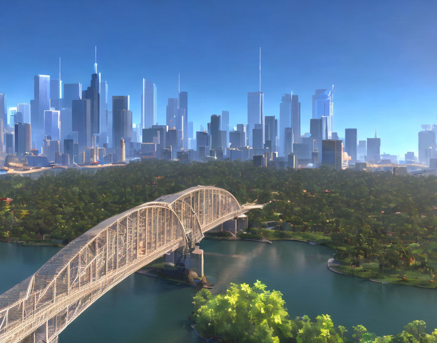 Steel Arch Bridge Over River with Modern City Skyline