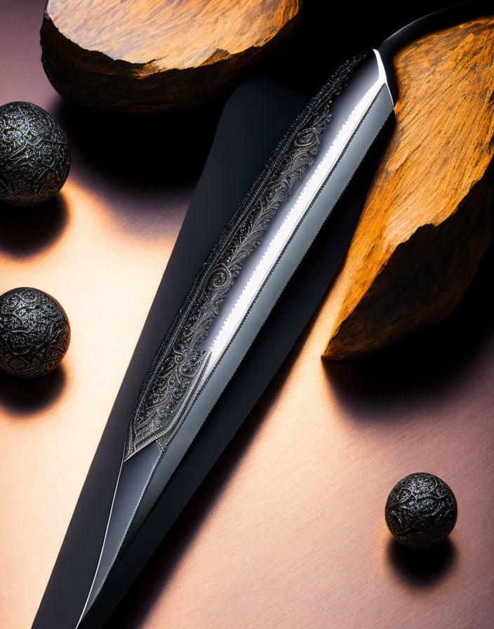 Intricately etched decorative knife on wood backdrop