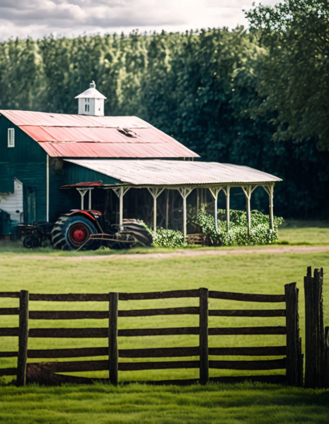 Rustic Green Farmhouse with Porch, Antique Tractor, and Wooden Fence