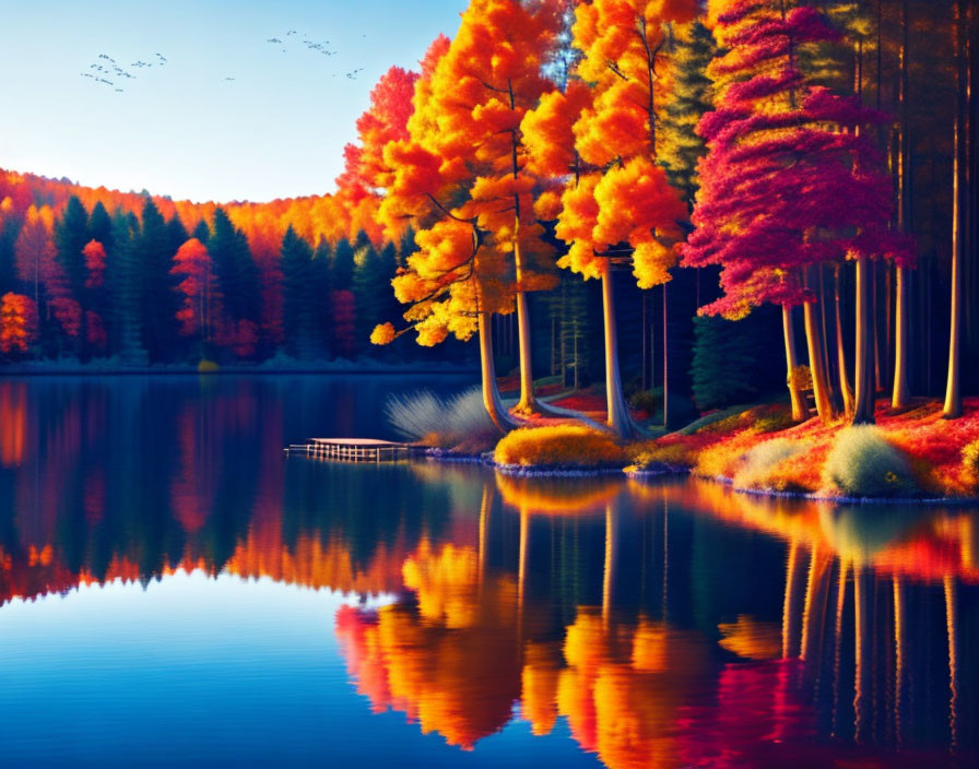 Scenic autumn forest with red and orange foliage by a serene lake