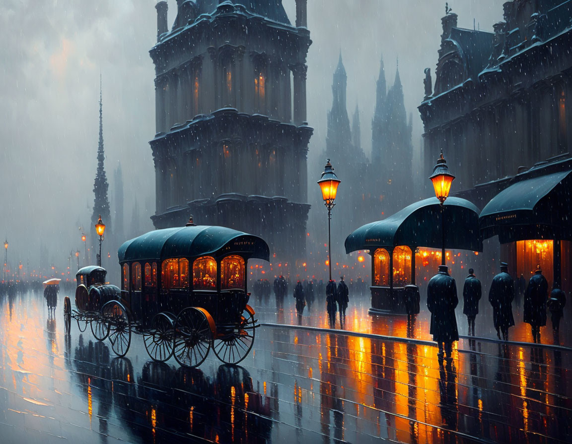 Vintage carriages and rainy street at dusk with glowing lamps and silhouettes.