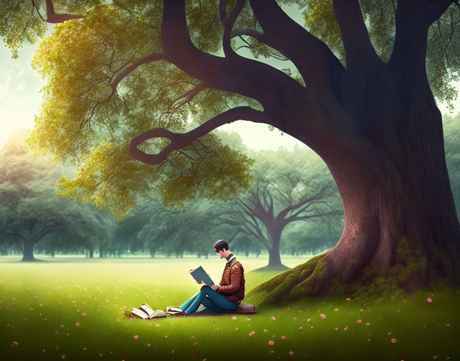 Person reading book under large tree in peaceful park with pink flowers