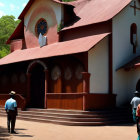 Brown church with cross, trees, people walking under clear sky