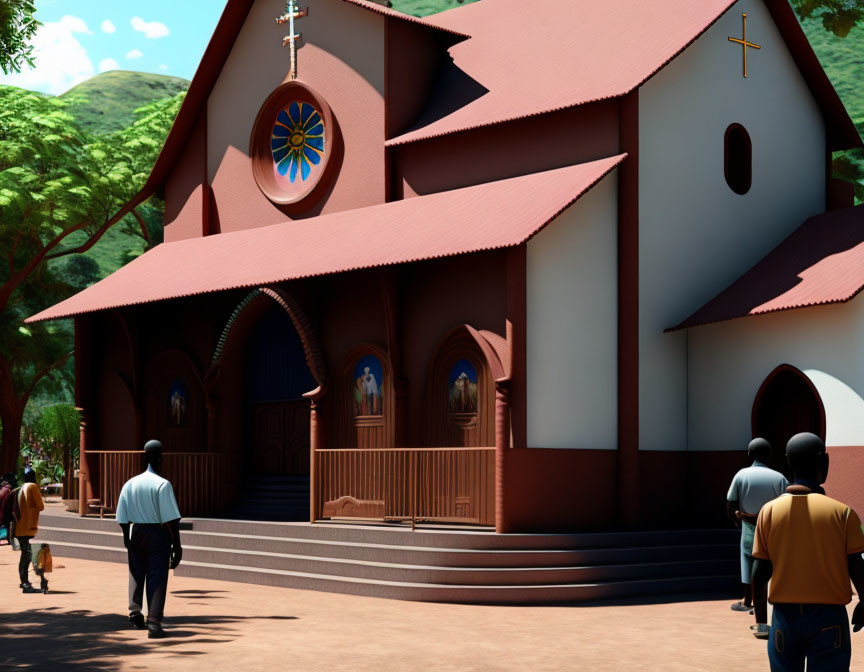 Brown church with cross, trees, people walking under clear sky