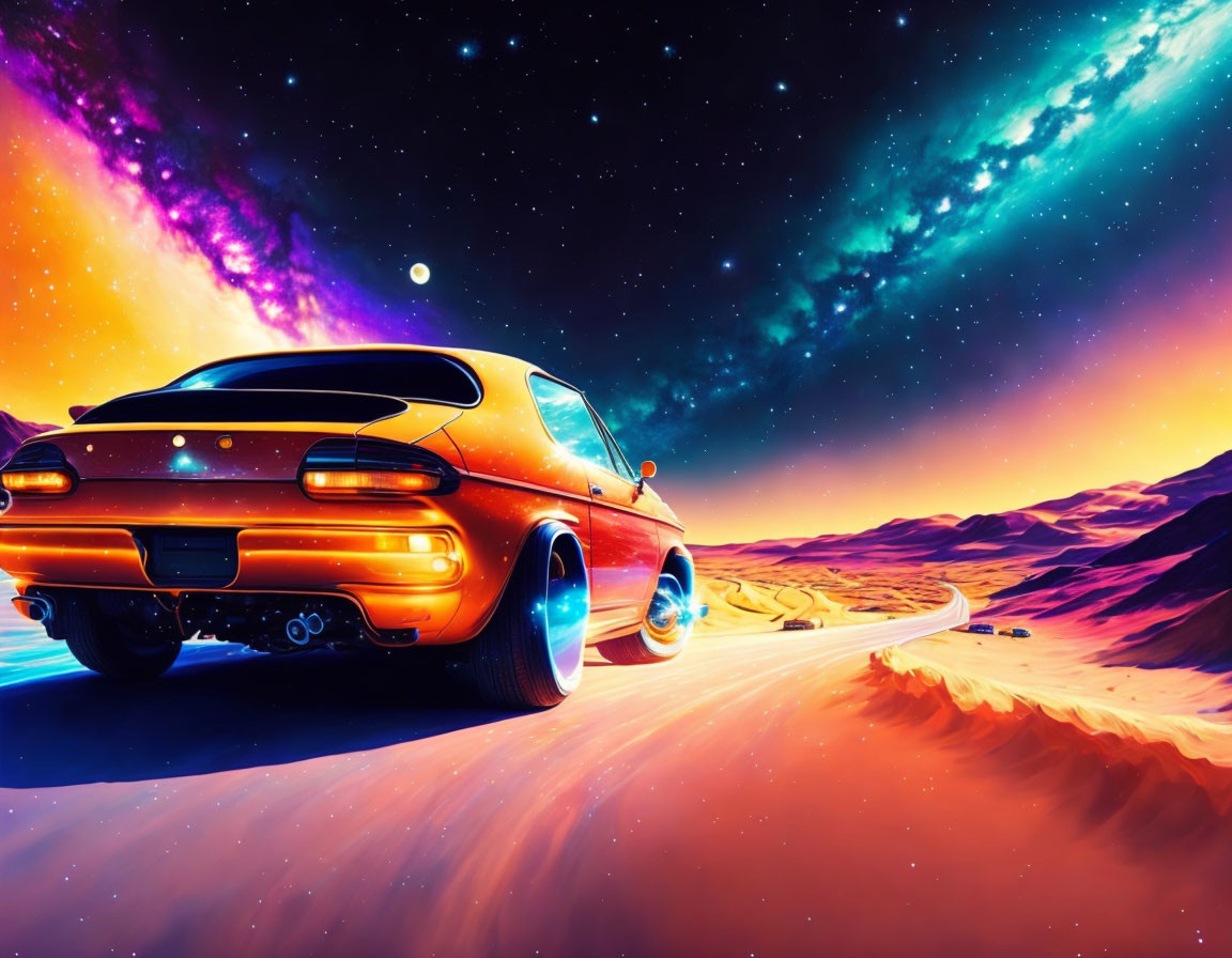 Colorful digital artwork: Red car on desert road under cosmic sky