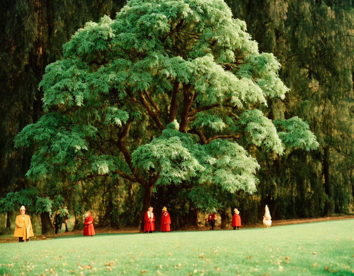 People in traditional red dresses under a large green tree in a grassy field.