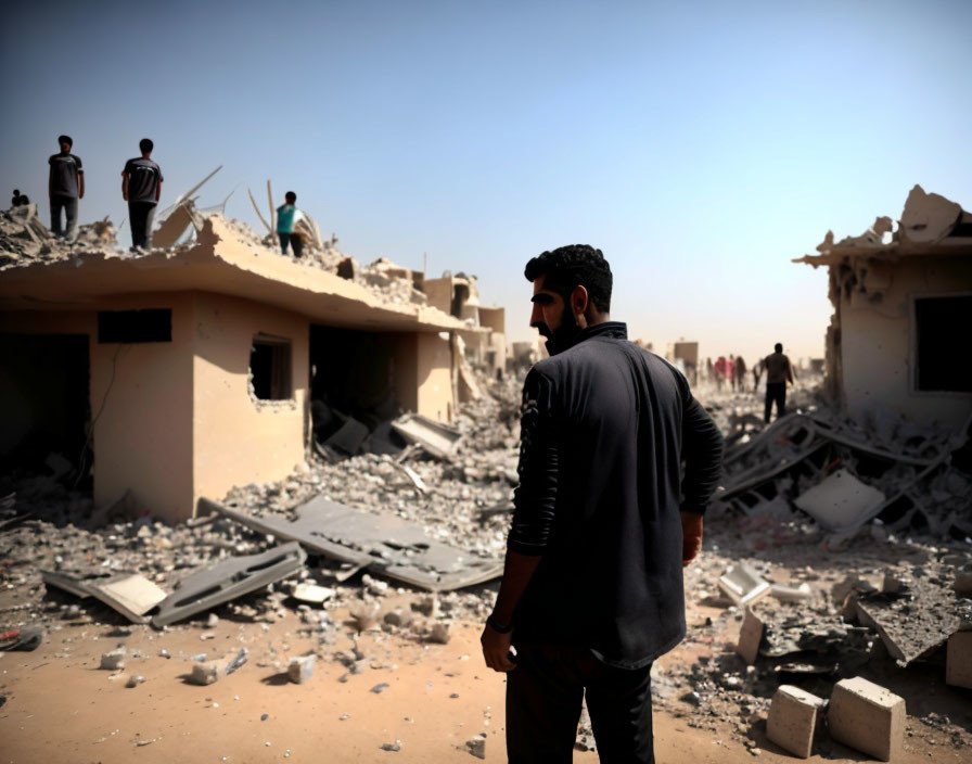 Destroyed buildings rubble with people under clear sky