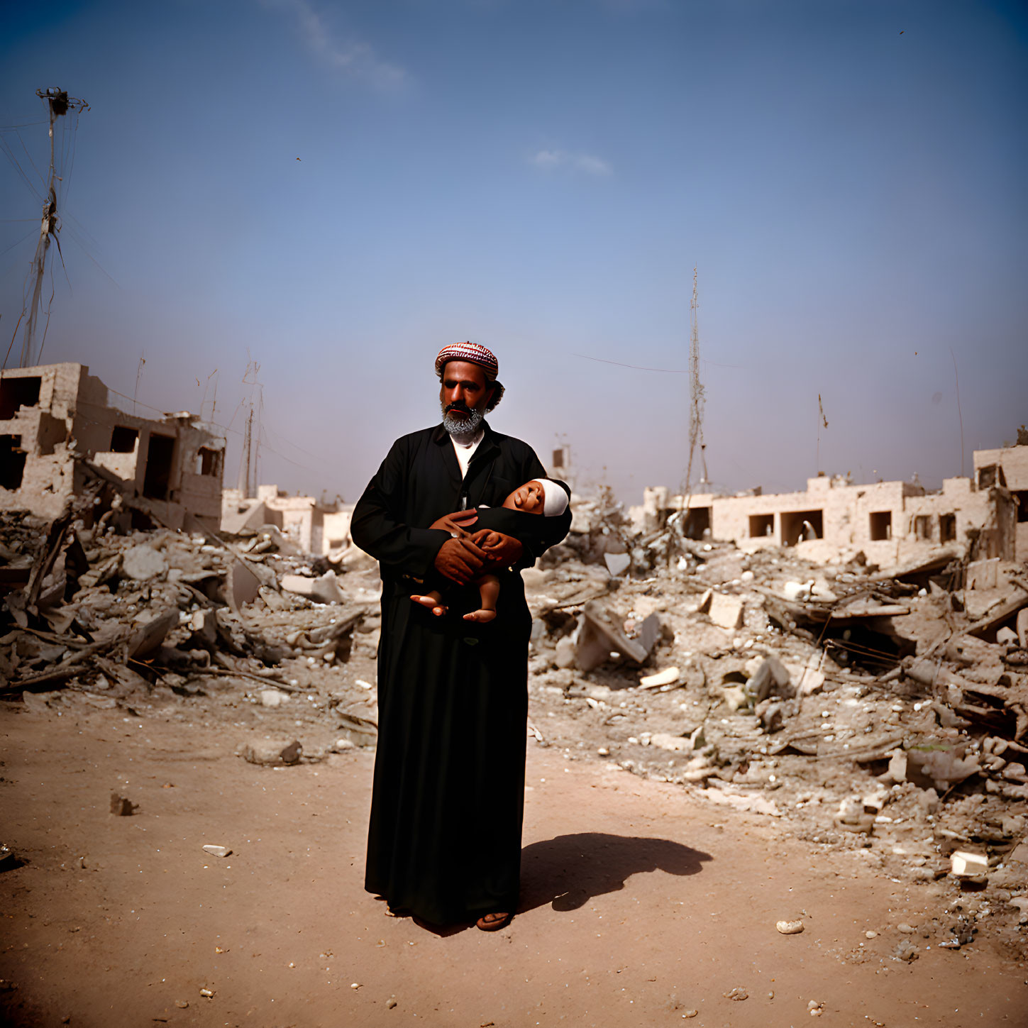 Man in traditional attire holding a baby in a post-war setting