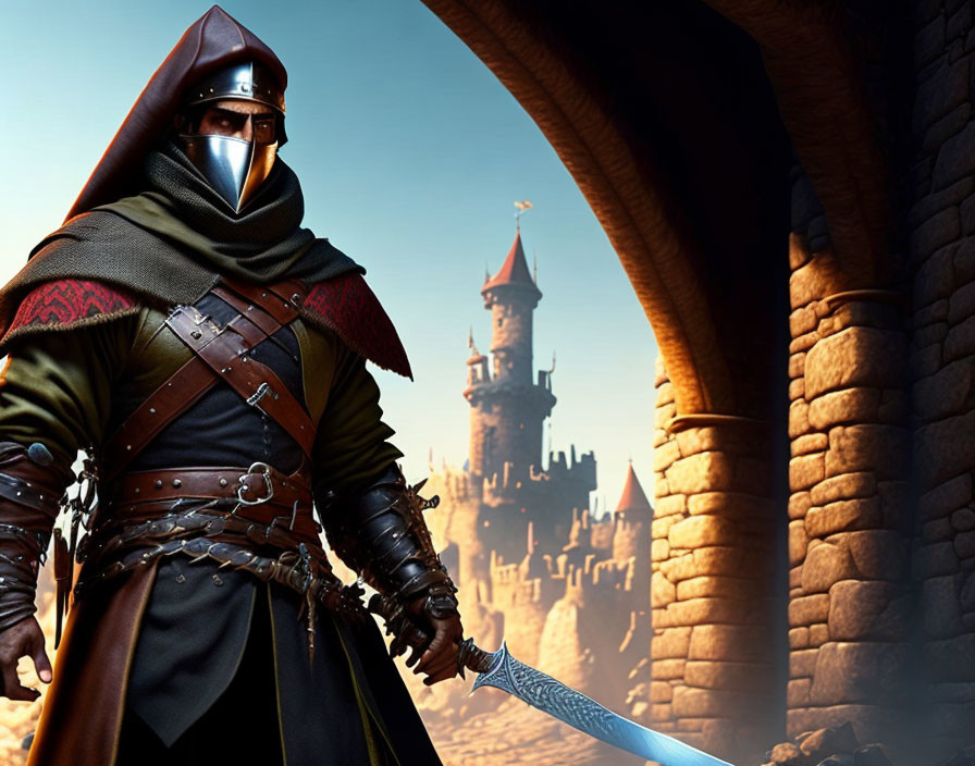 Cloaked knight with sword near stone arches and castle against blue sky