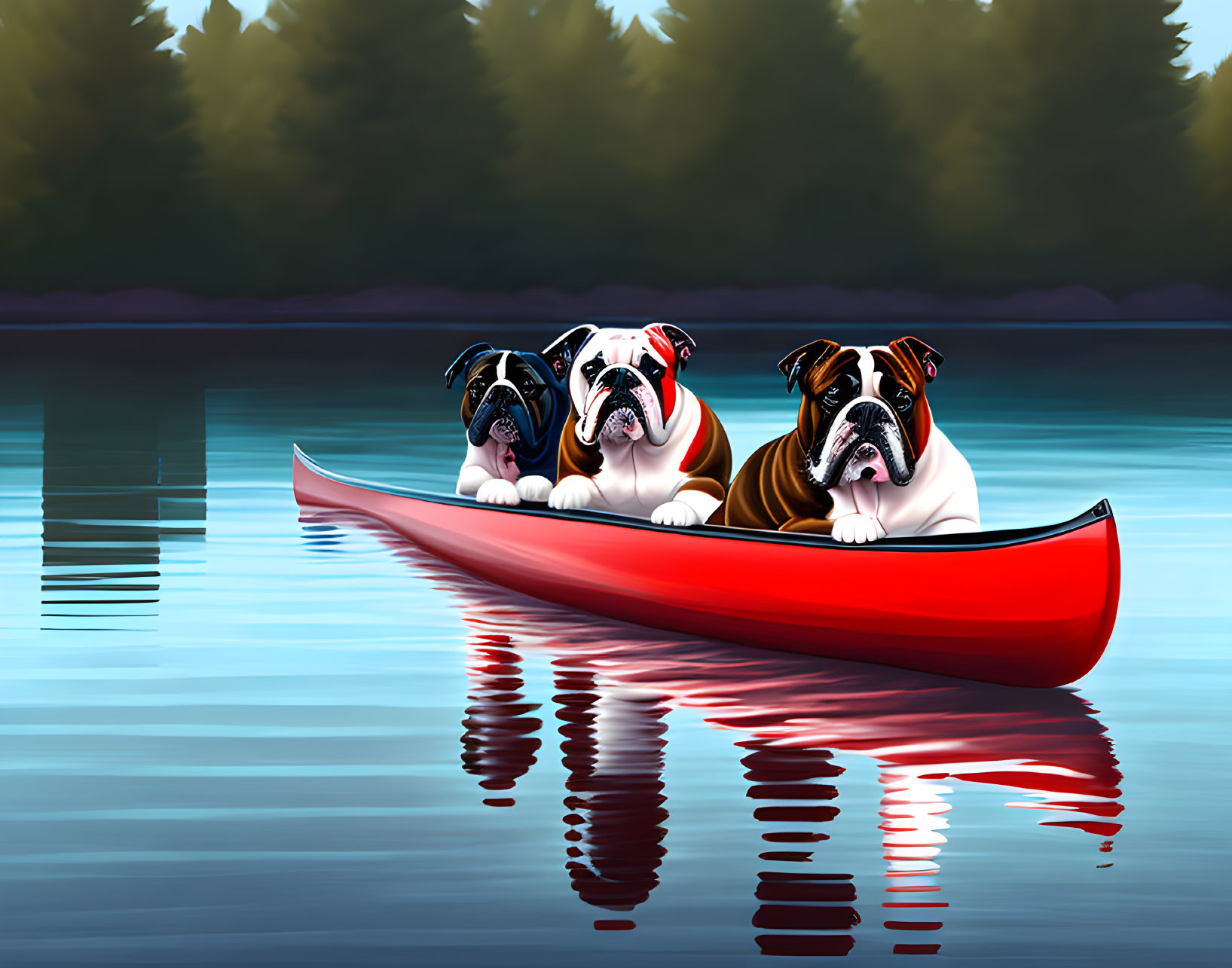 Three Bulldogs with Bandanas in Red Canoe on Calm Lake