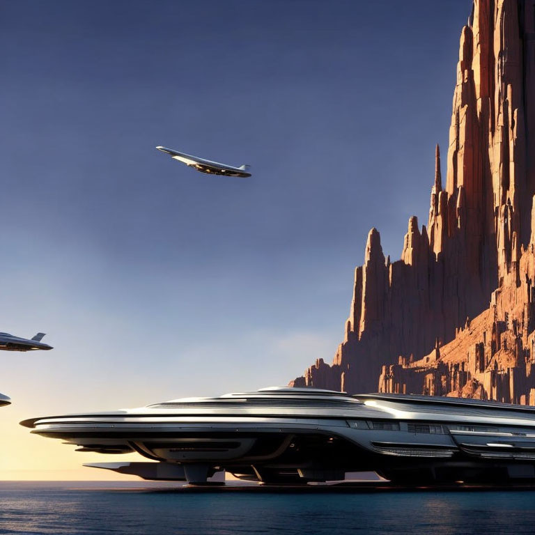 Sleek futuristic airport in desert with advanced aircraft.