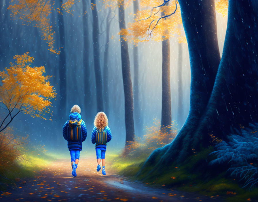 Children walking in sunlit autumn forest path