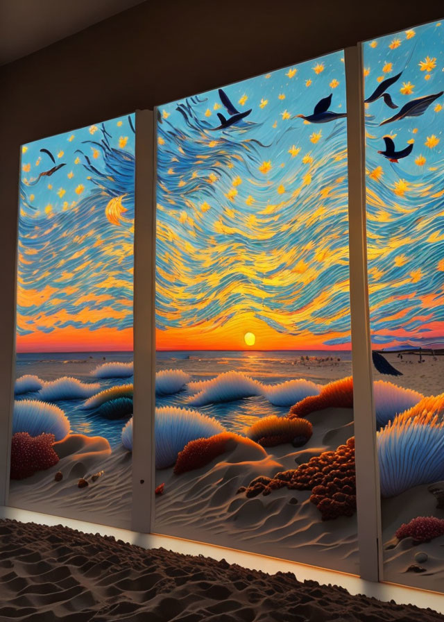 Surreal sunset wall art with birds and dune landscape