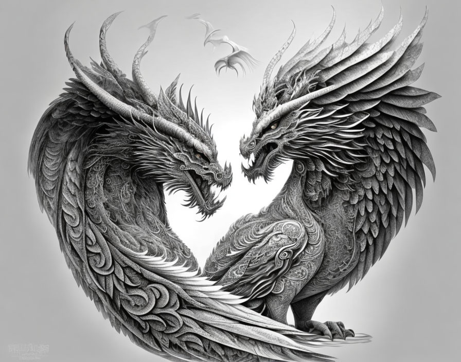 Symmetrical dragons with wings and horns on grey backdrop