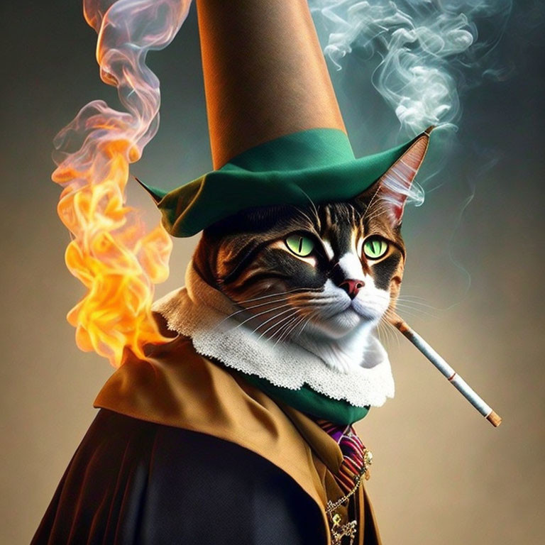 Whimsical cat artwork with green eyes, hat, and cigarette