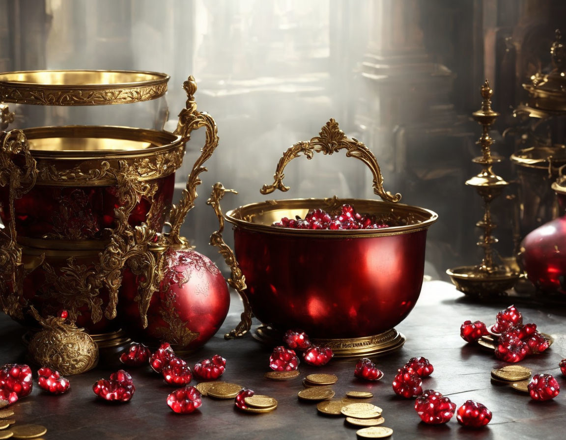 Luxurious Golden Tableware with Pomegranate Seeds and Coins