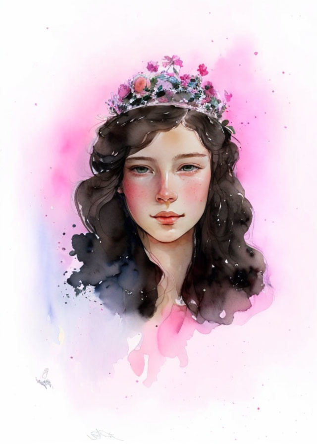 Young Woman Portrait with Floral Crown in Soft Watercolor Hues