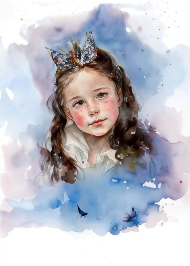 Young girl with crown in watercolor surrounded by butterflies