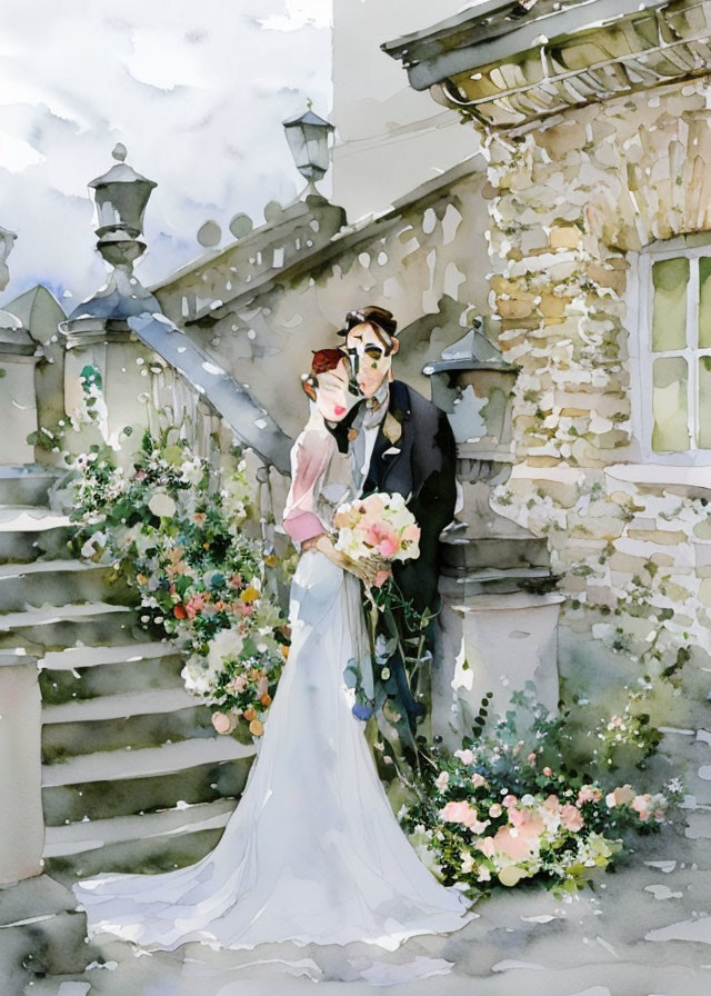 Wedding couple embracing on staircase with flowers in watercolor