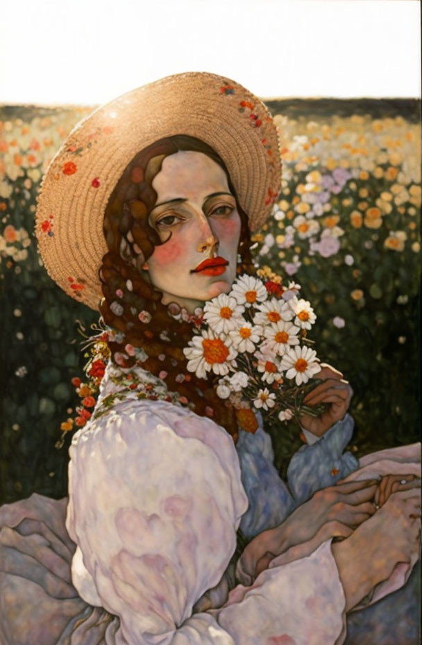 Woman in straw hat with flowers, sitting in daisy field.