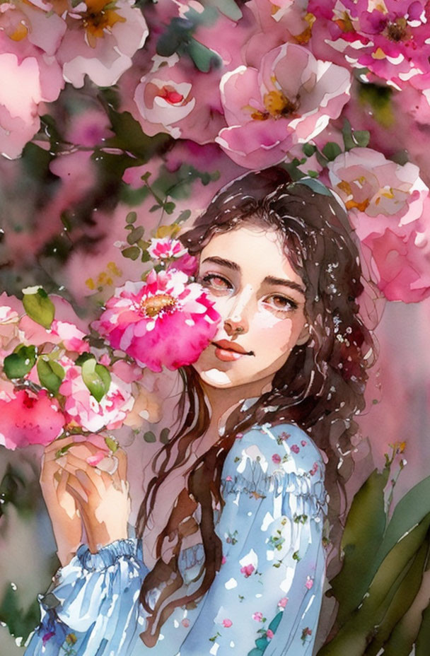 Woman with Pink Flowers Watercolor Illustration