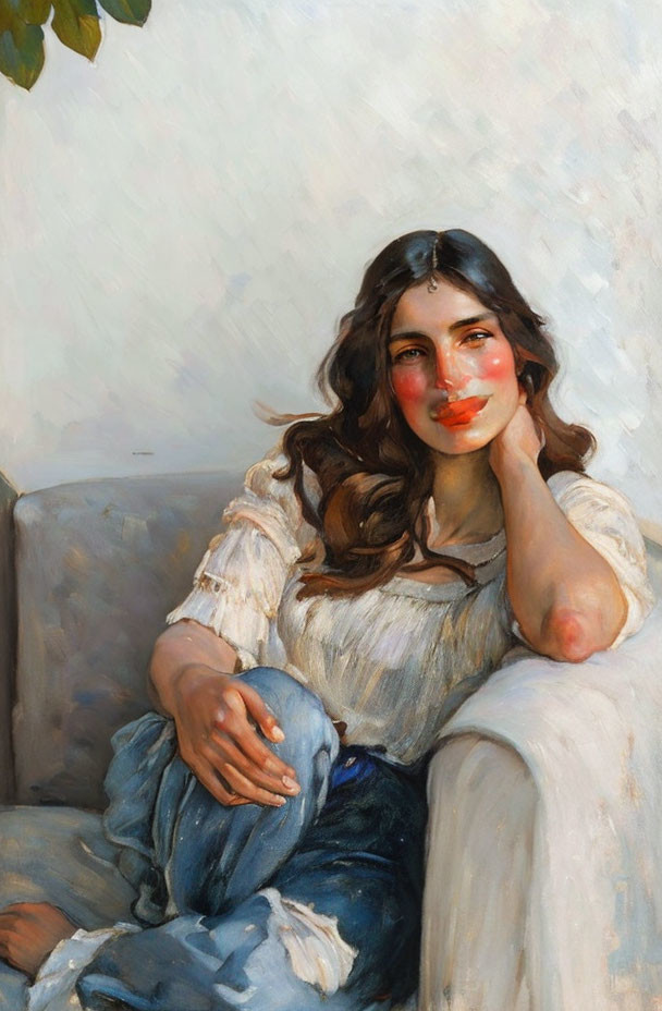 Long-haired woman in white blouse and blue jeans, sitting comfortably with a contemplative expression