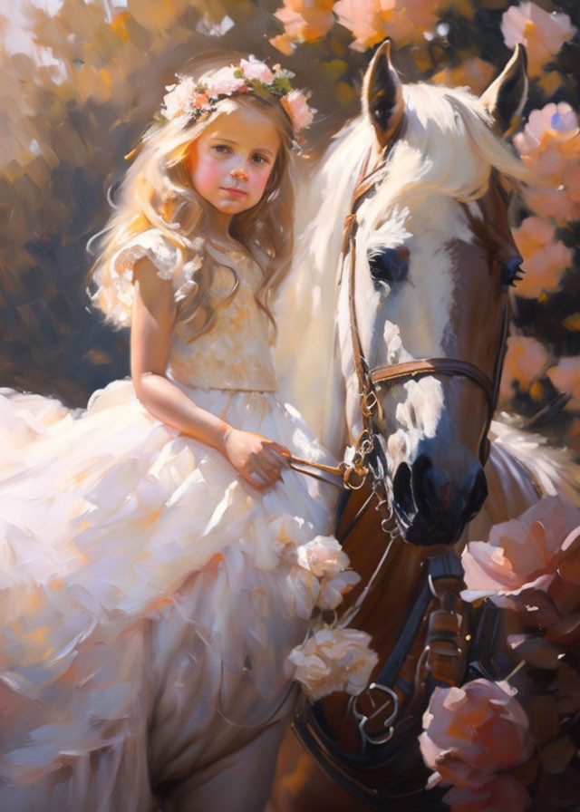 Young girl in white dress with horse and flowers.