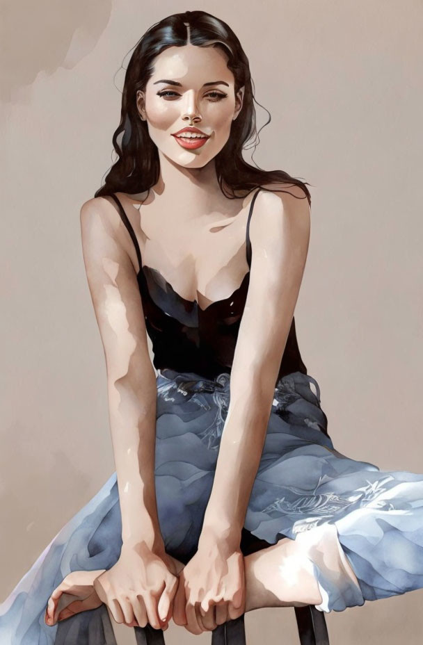 Smiling woman with dark hair in black top and blue skirt sitting portrait