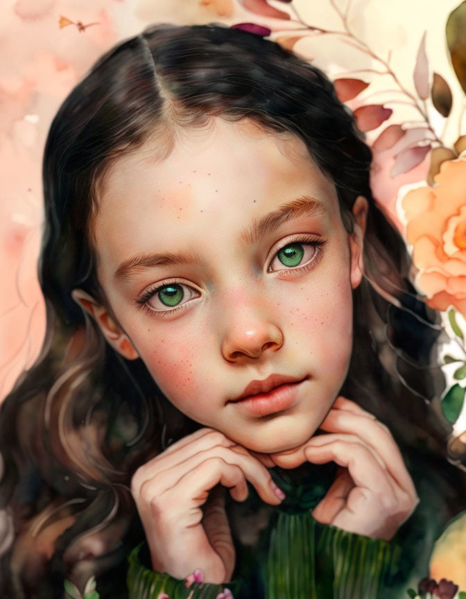 Young girl with green eyes and freckles surrounded by soft-hued flowers