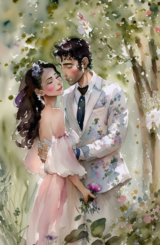 Romantic couple embrace in blooming garden with pastel colors