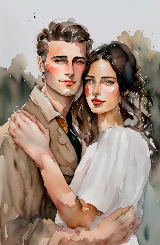 Romantic couple embracing in watercolor illustration