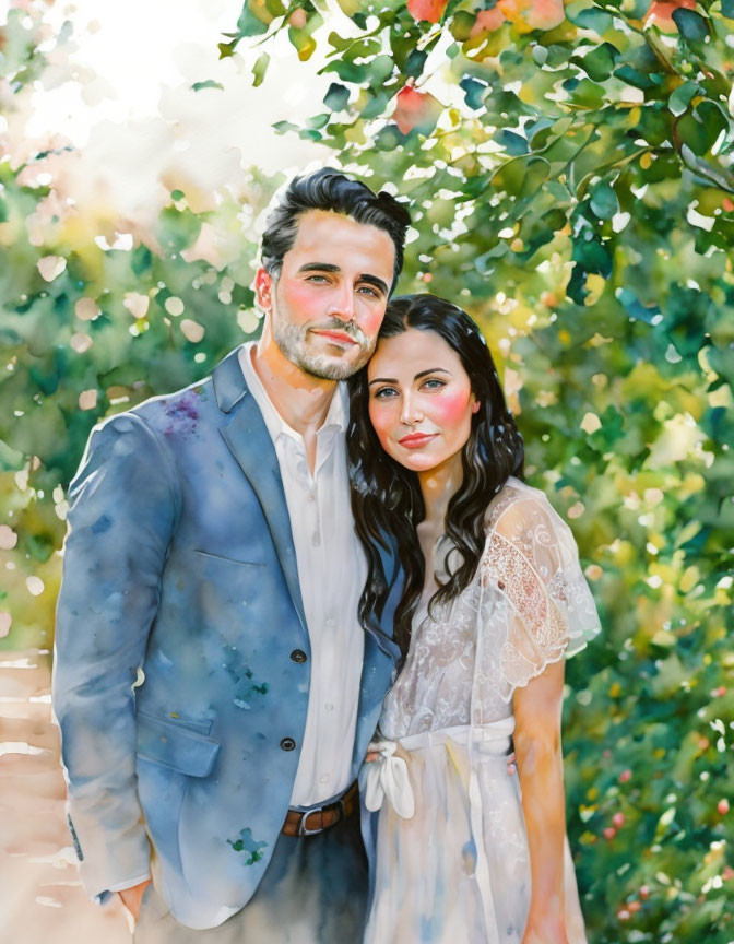 Couple in Blue Suit and White Lace Dress under Sunlit Tree with Orange Fruits