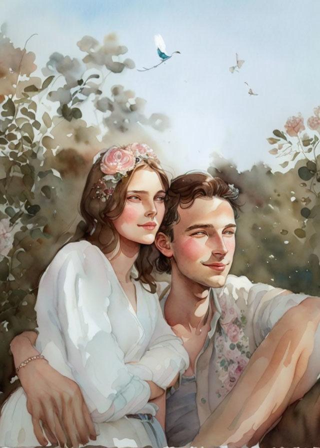 Illustrated couple embraced among flowers and birds under pastel sky