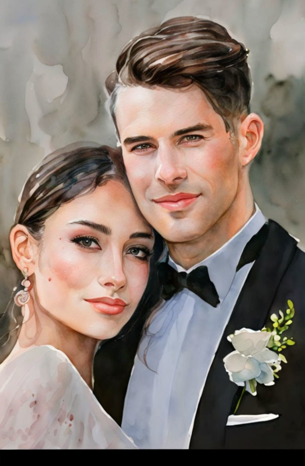 Close-up Watercolor Painting of Couple in Wedding Attire