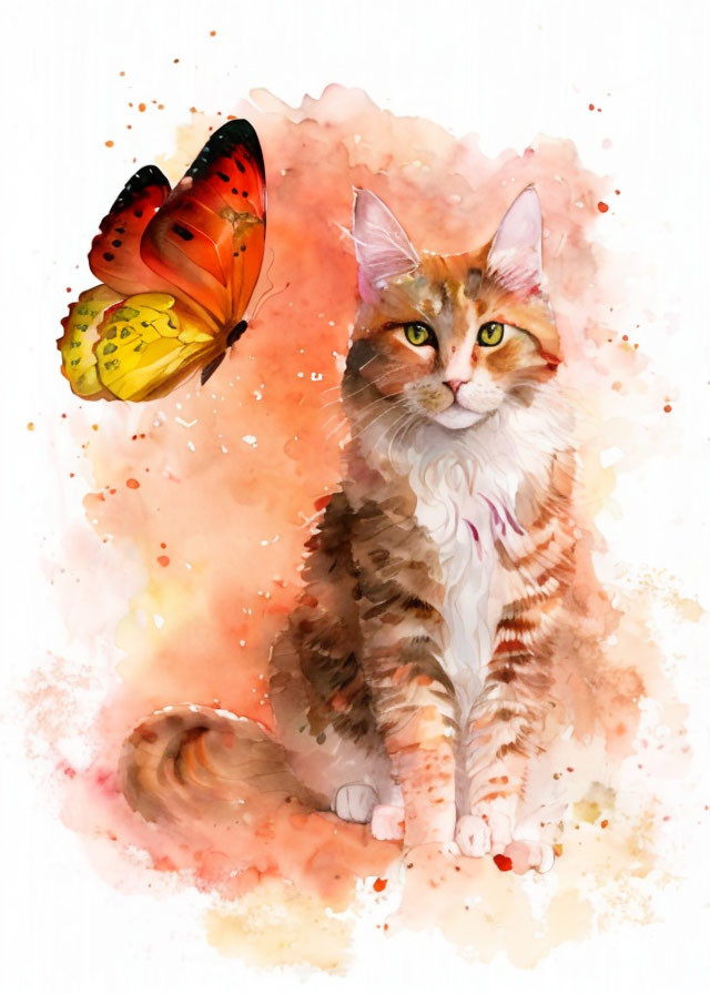 Colorful Watercolor Illustration of Serene Cat with Butterfly on Ear