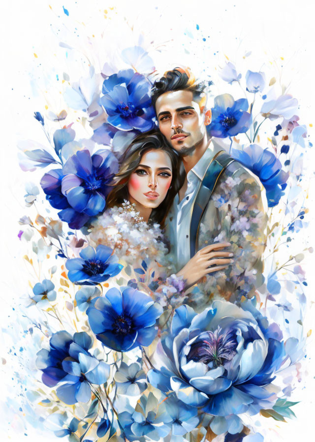 Romantic couple embraced by vibrant blue flowers